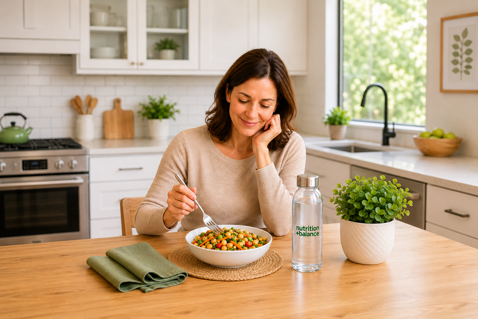 Woman enjoying a healthy prepared meal while building sustainable weight loss habits