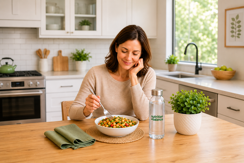 Woman enjoying a healthy prepared meal while building sustainable weight loss habits