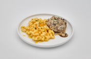 salisbury steak with mac & cheese