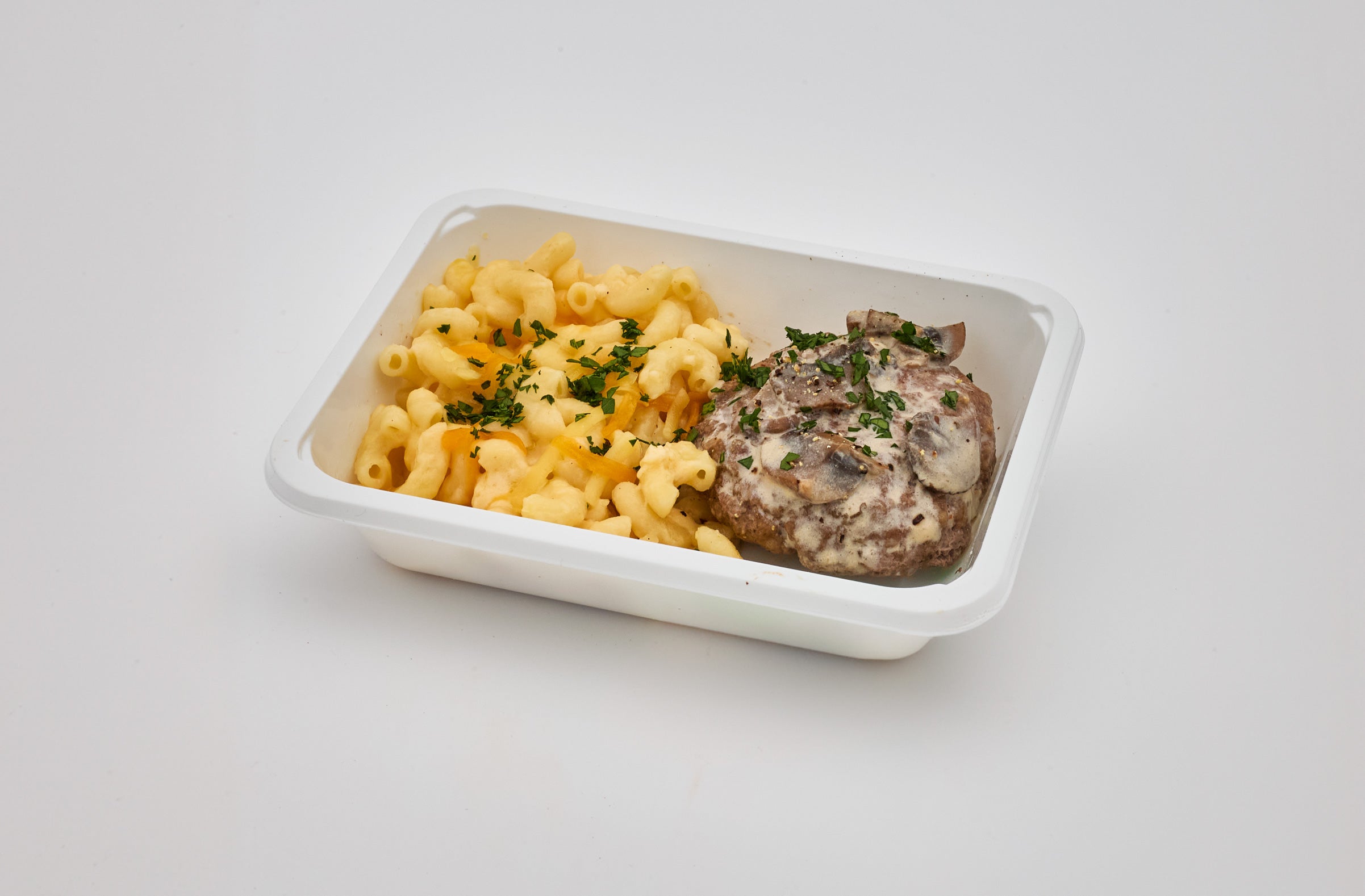 salisbury steak with mac & cheese